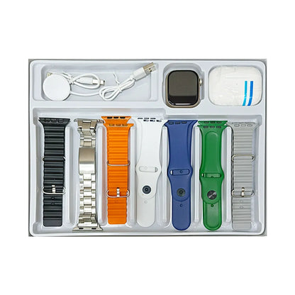 Set of smartwatch bands, Earbuds and  accessories in a tray on a white background