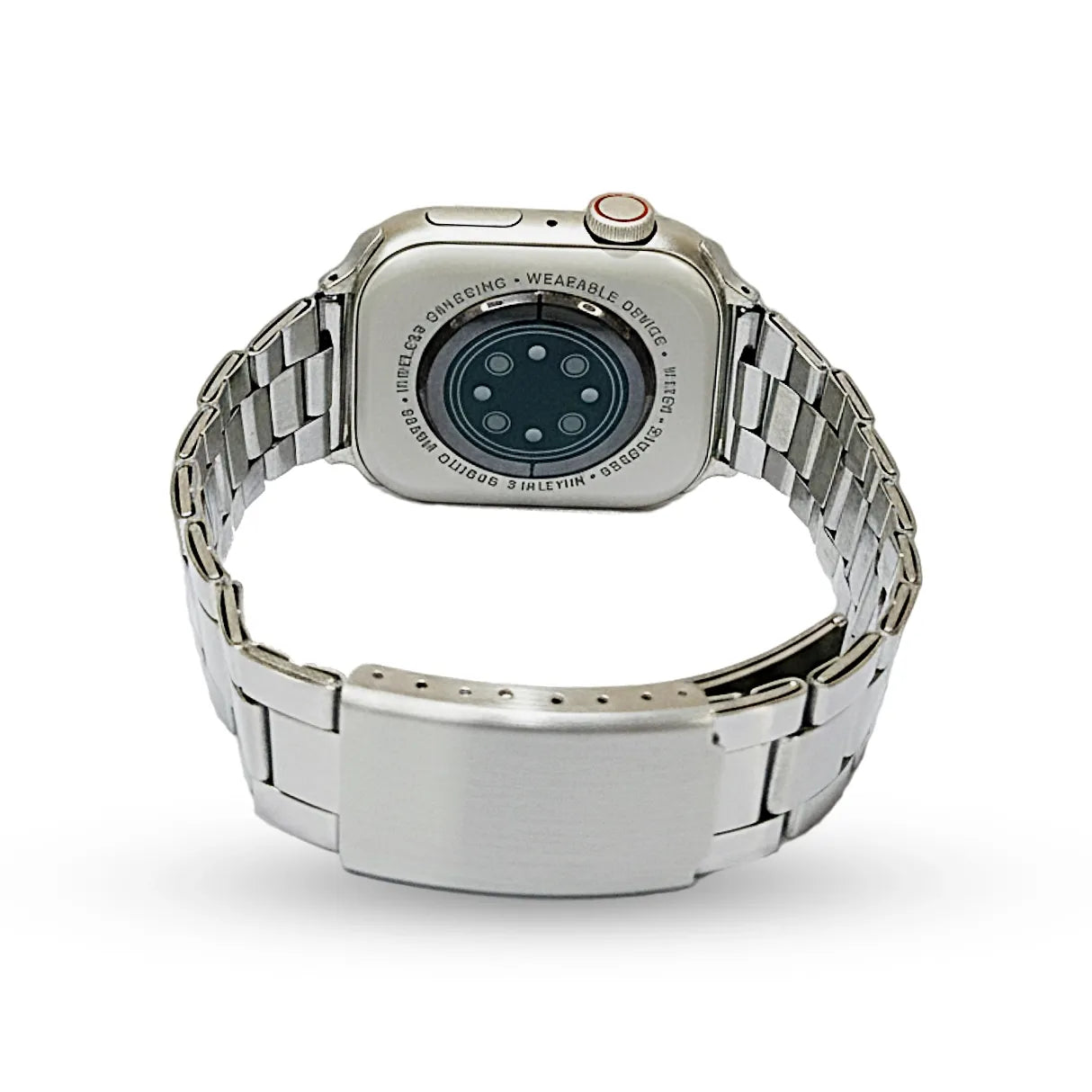 Silver smartwatch with metal band on a white background