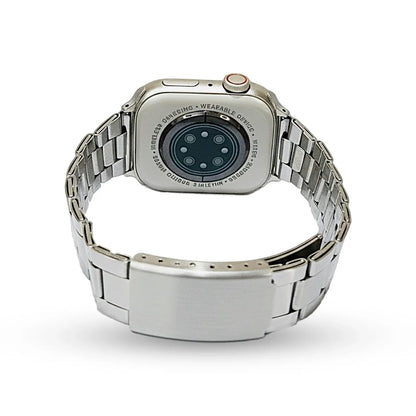 Silver smartwatch with metal band on a white background