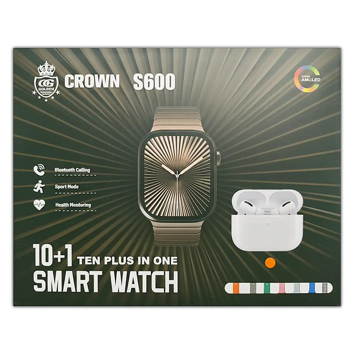 Promotional graphic for Crown S600 smart watch and earbuds on a green background