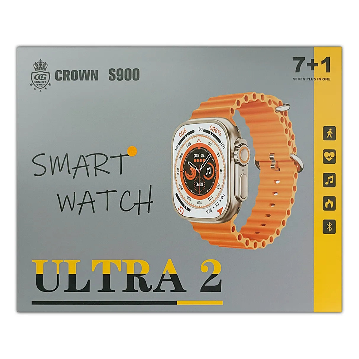 Box for a smartwatch with an orange band and visible branding on a gray background