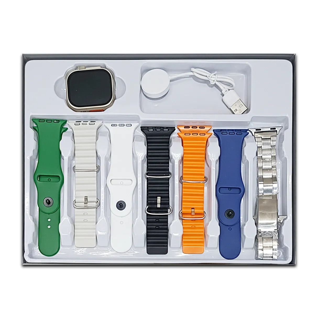 Set of smartwatch bands and accessories in a box on a white background