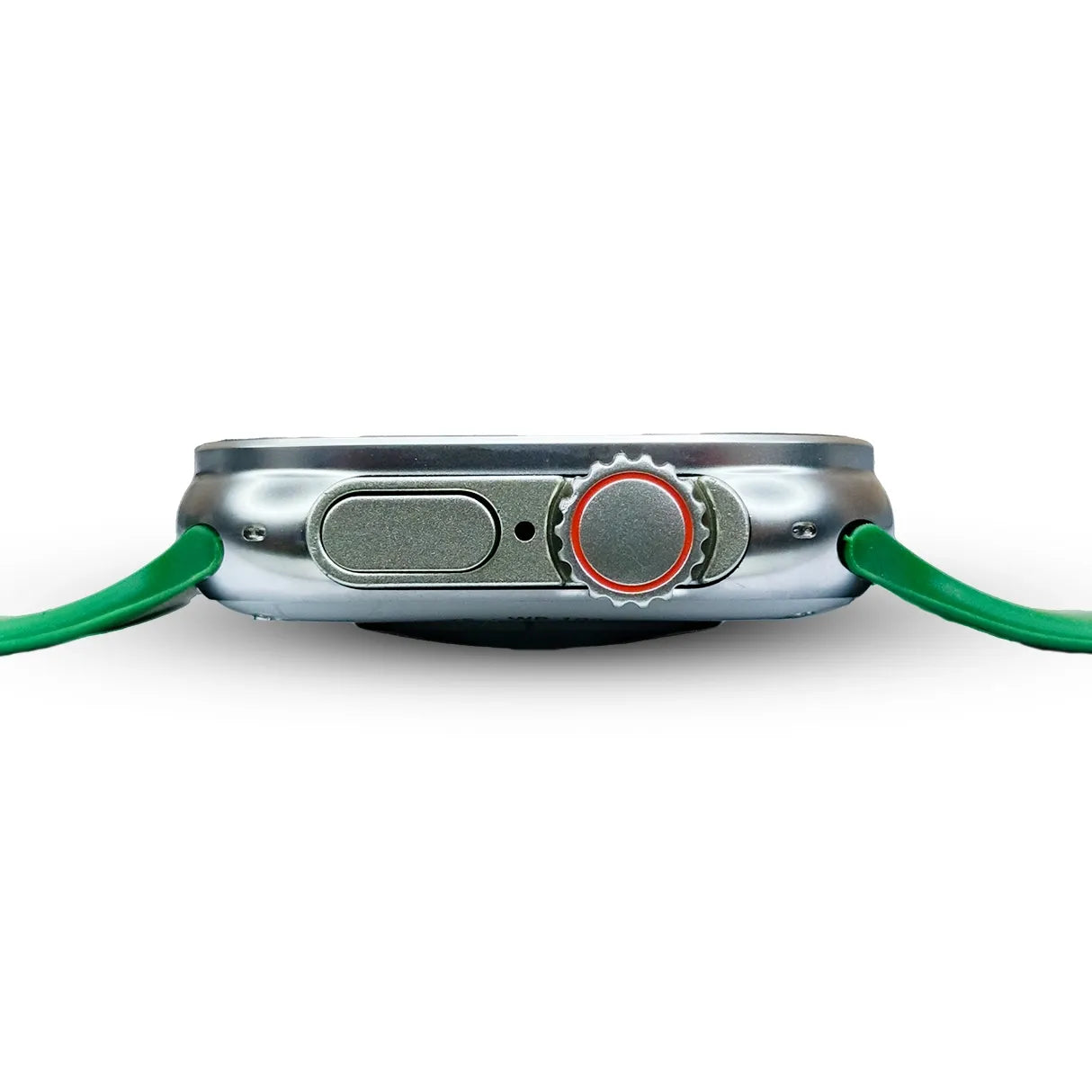 Close-up of a metallic device with green strap on a white background