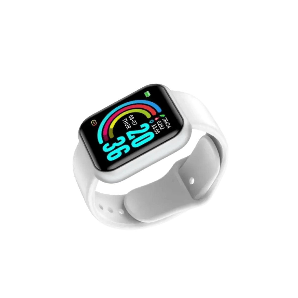 D20 Smart Watch on a white strap, side view, showcasing a colorful interface with activity stats and current time.
