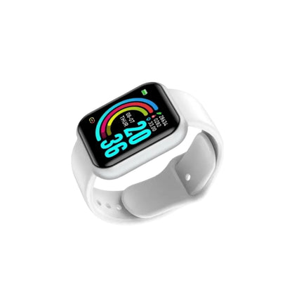D20 Smart Watch on a white strap, side view, showcasing a colorful interface with activity stats and current time.