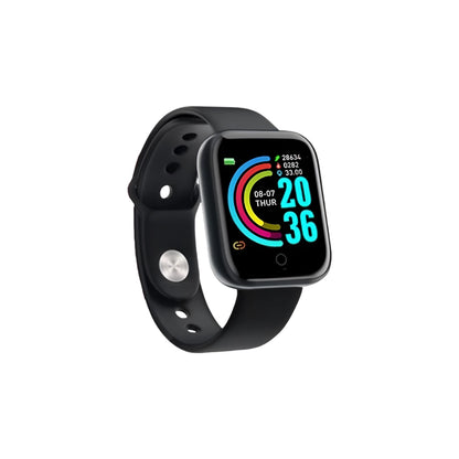 D20 Smart Watch in black with colorful activity tracker interface and time display on the screen, shown on a black strap.