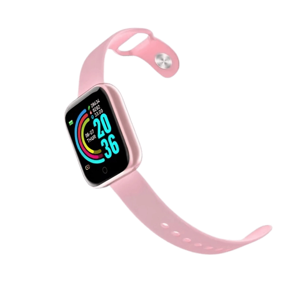 D20 Smart Watch in pink with colorful activity tracker interface and time display on the screen, shown on a pink strap.