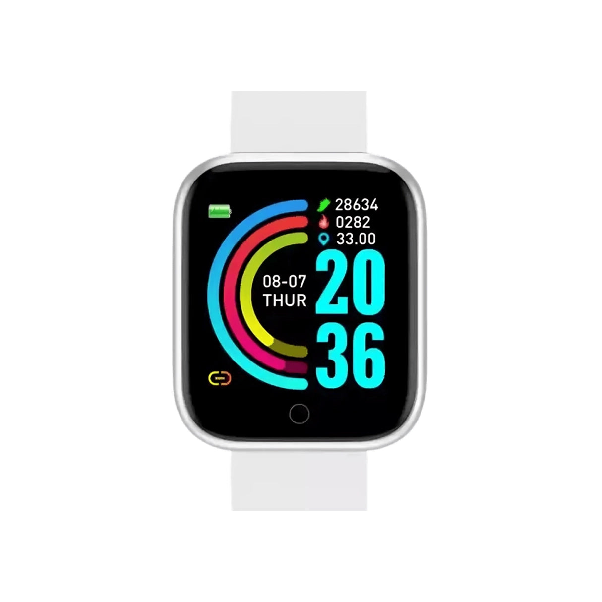 D20 Smart Watch displaying a colorful interface with activity tracking and time on a white band