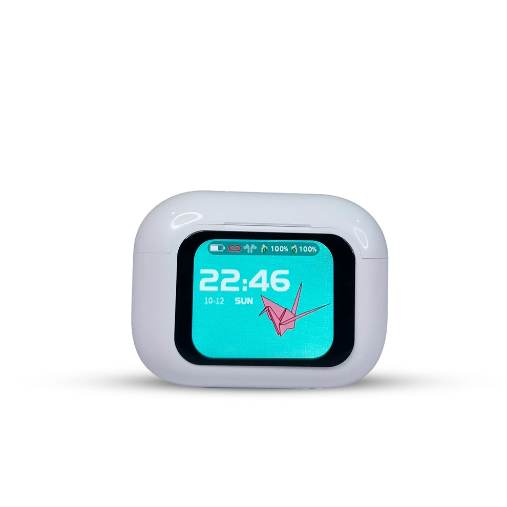 Digital clock with a white E11 earbuds on a white background