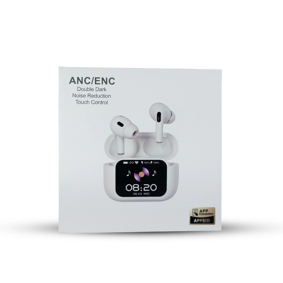 Box of E11 wireless earbuds with touch control display on a white background