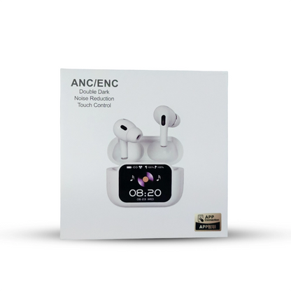 Box of E11 wireless earbuds with touch control display on a white background