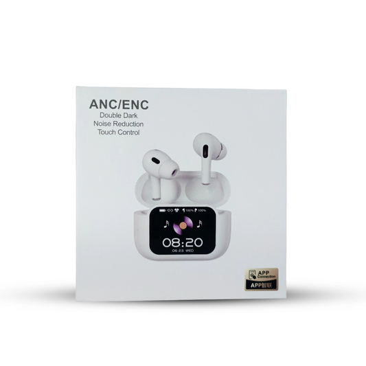 Box of E11 wireless earbuds with touch control display on a white background