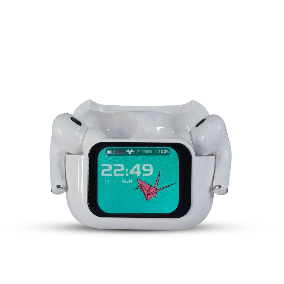 E11 earbuds case open and buds hanging on magnet with a digital display on a white background