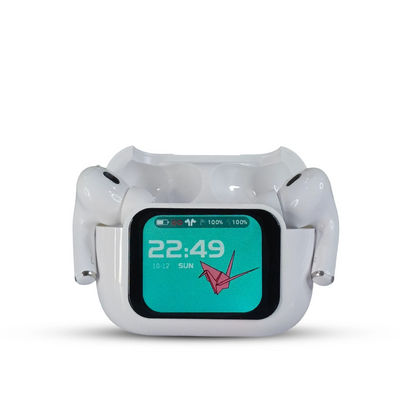 E11 earbuds case open and buds hanging on magnet with a digital display on a white background