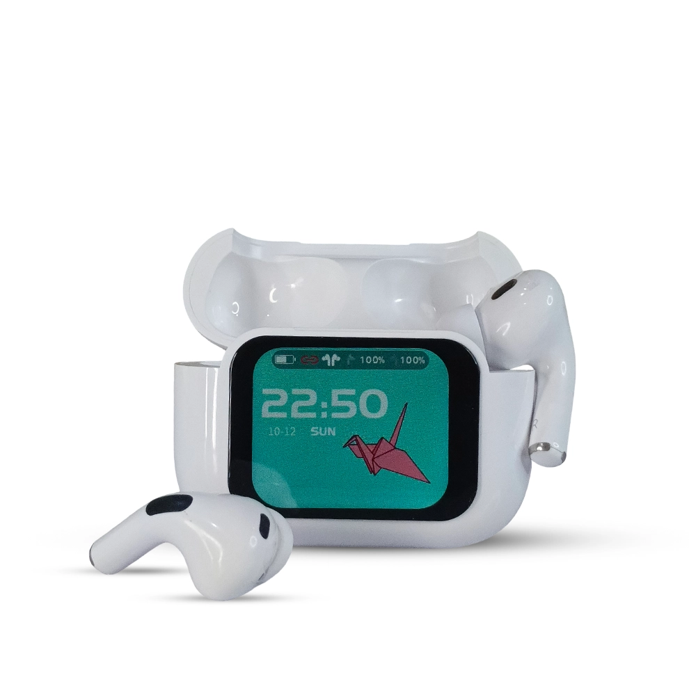 White E11 earbuds with a digital display on a white background