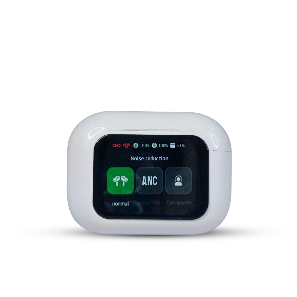 White E11 wireless earbuds with a digital display on a white background