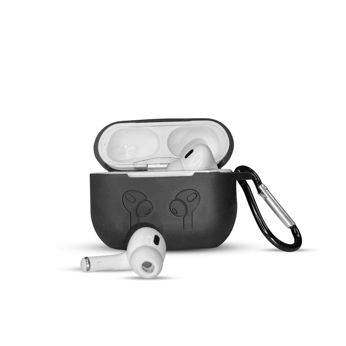 Black Earbuds Design Silicone Case with AirPods inside and carabiner clip.