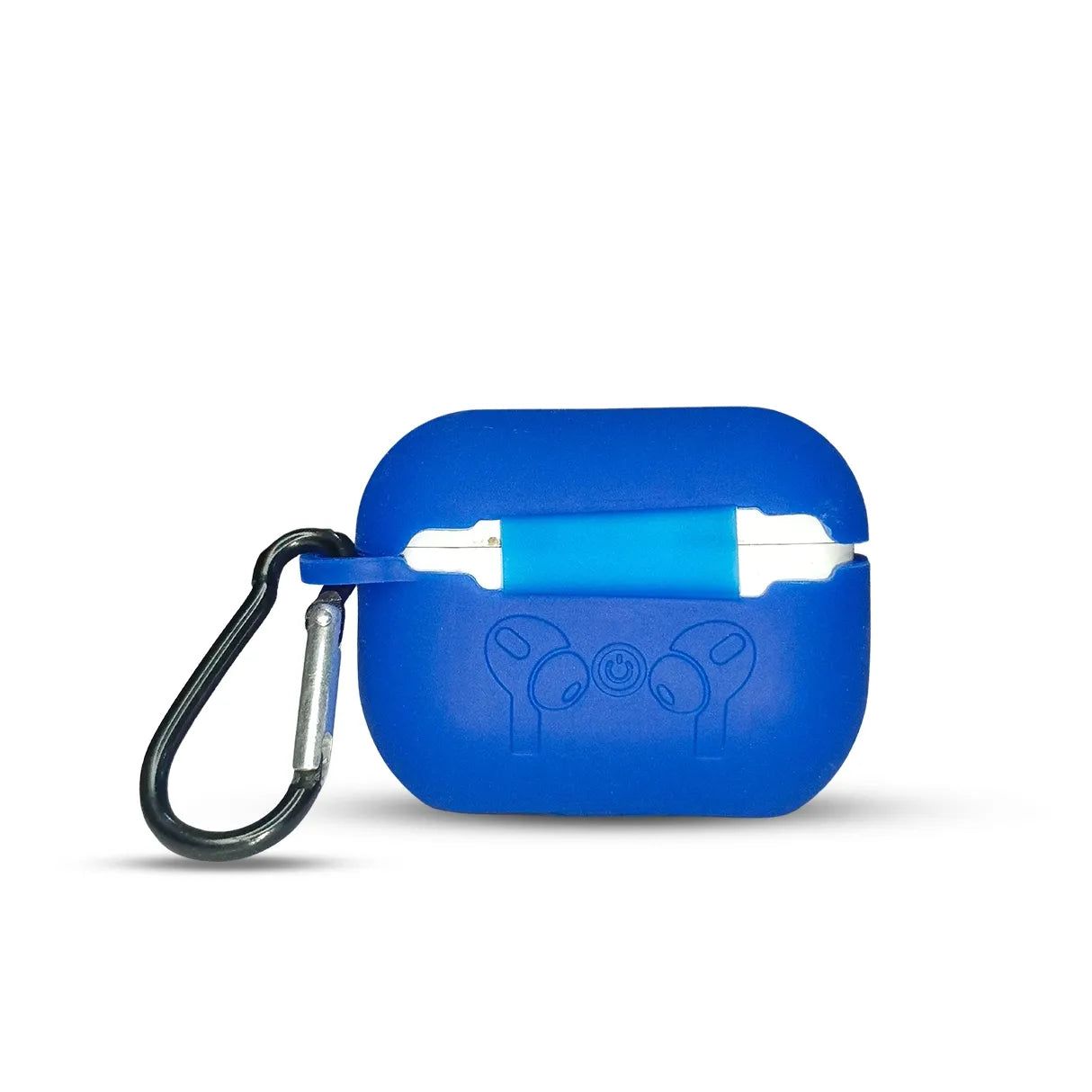 Blue Earbuds Design Silicone Case for AirPods Pro 2, featuring a fun earbuds print on the front, with a blue carabiner for easy attachment.