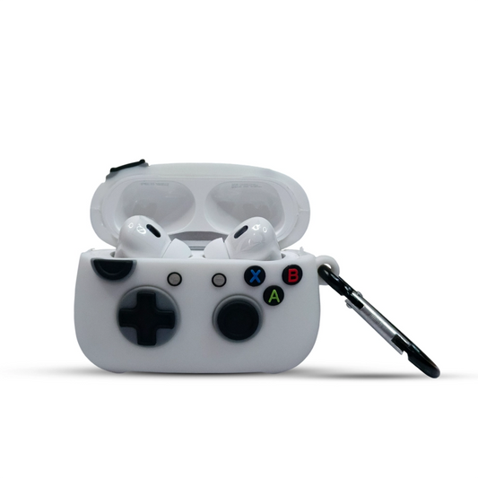 White gaming controller case with airpods pro 2 on a white background