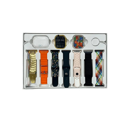 Set of smartwatch bands in various colors and designs on a white background