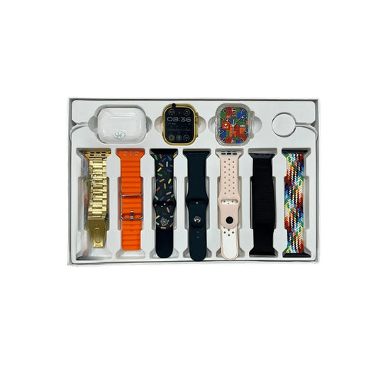 Set of smartwatch bands in various colors and designs on a white background