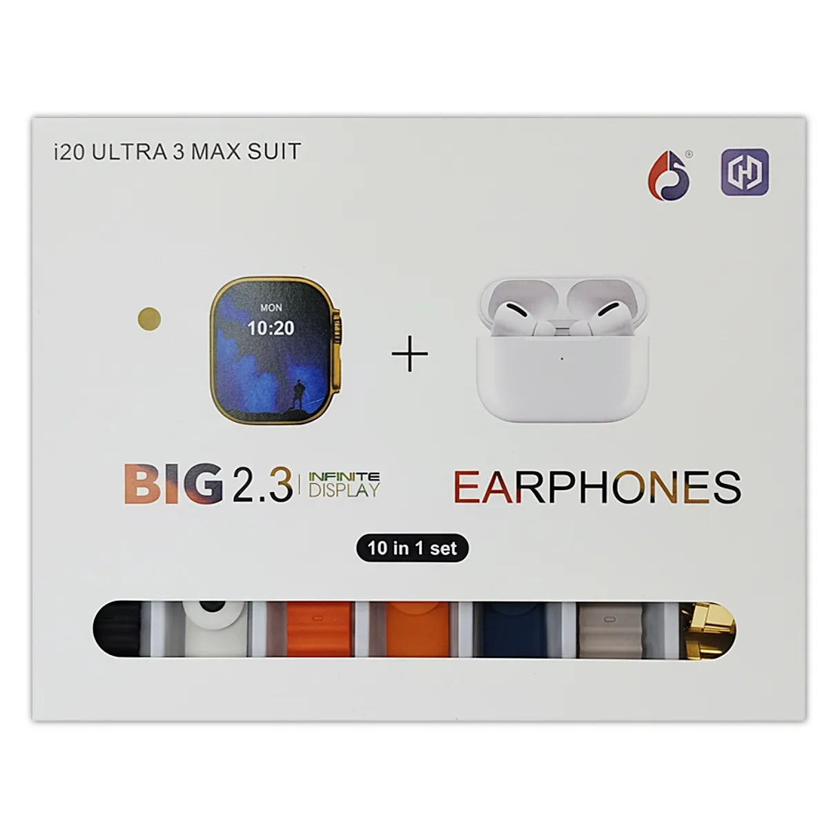 i20 ultra packaging with smartwatch and earbuds on a white background