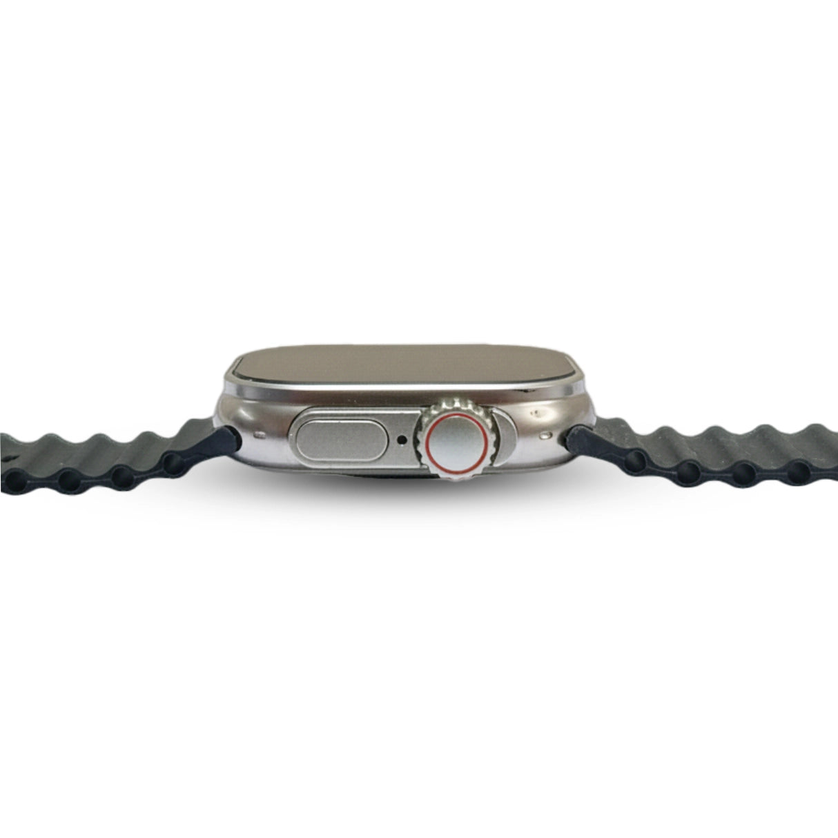 Close-up of a i20 smartwatch with a textured black band on a white background