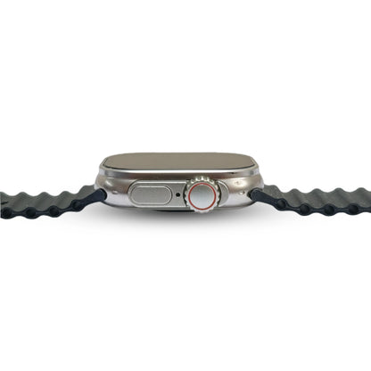 Close-up of a i20 smartwatch with a textured black band on a white background