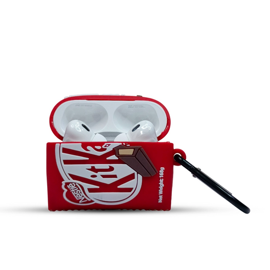 Red KitKat chocolate bar-shaped case with airpods pro 2 on a white background