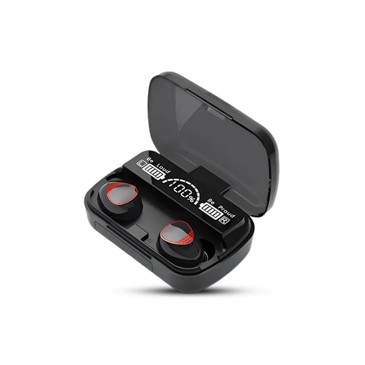 M10 Black wireless earbuds in a charging case with digital display on a white background