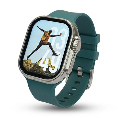 Max 400 Smartwatch with a green band displaying a running app on a white background