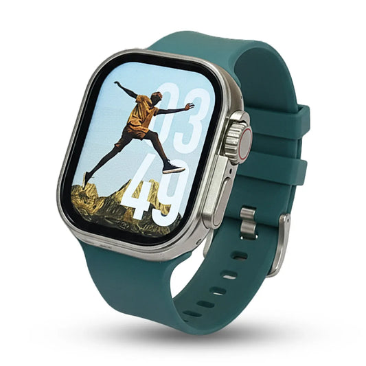 Max 400 Smartwatch with a green band displaying a running app on a white background