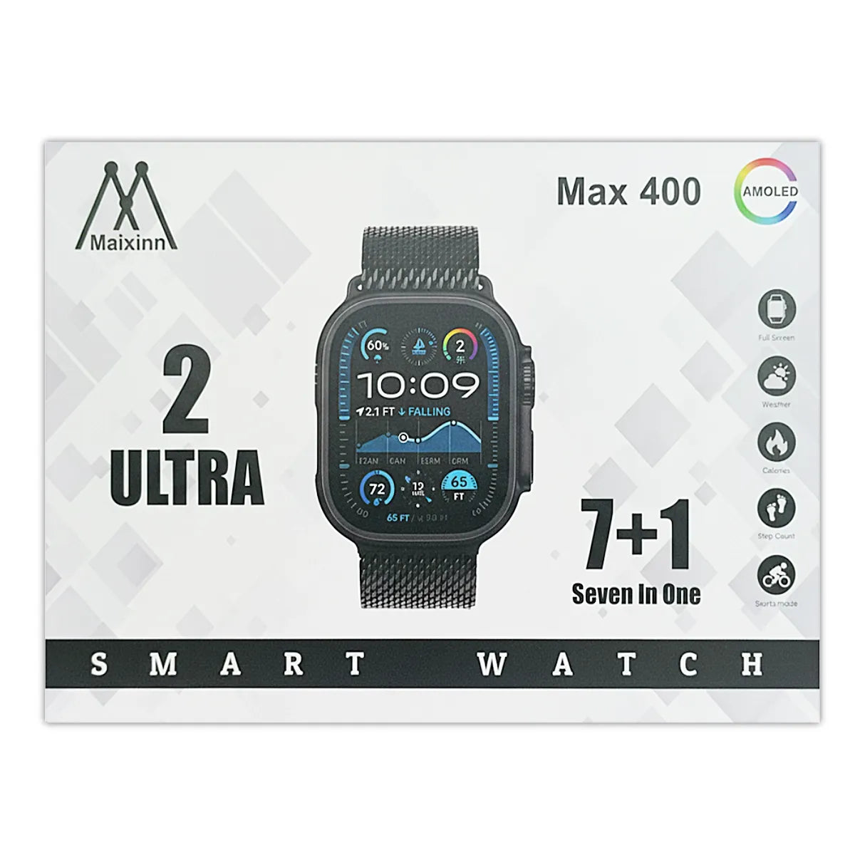 Smart watch packaging with Maxxinn branding and product details on a white background