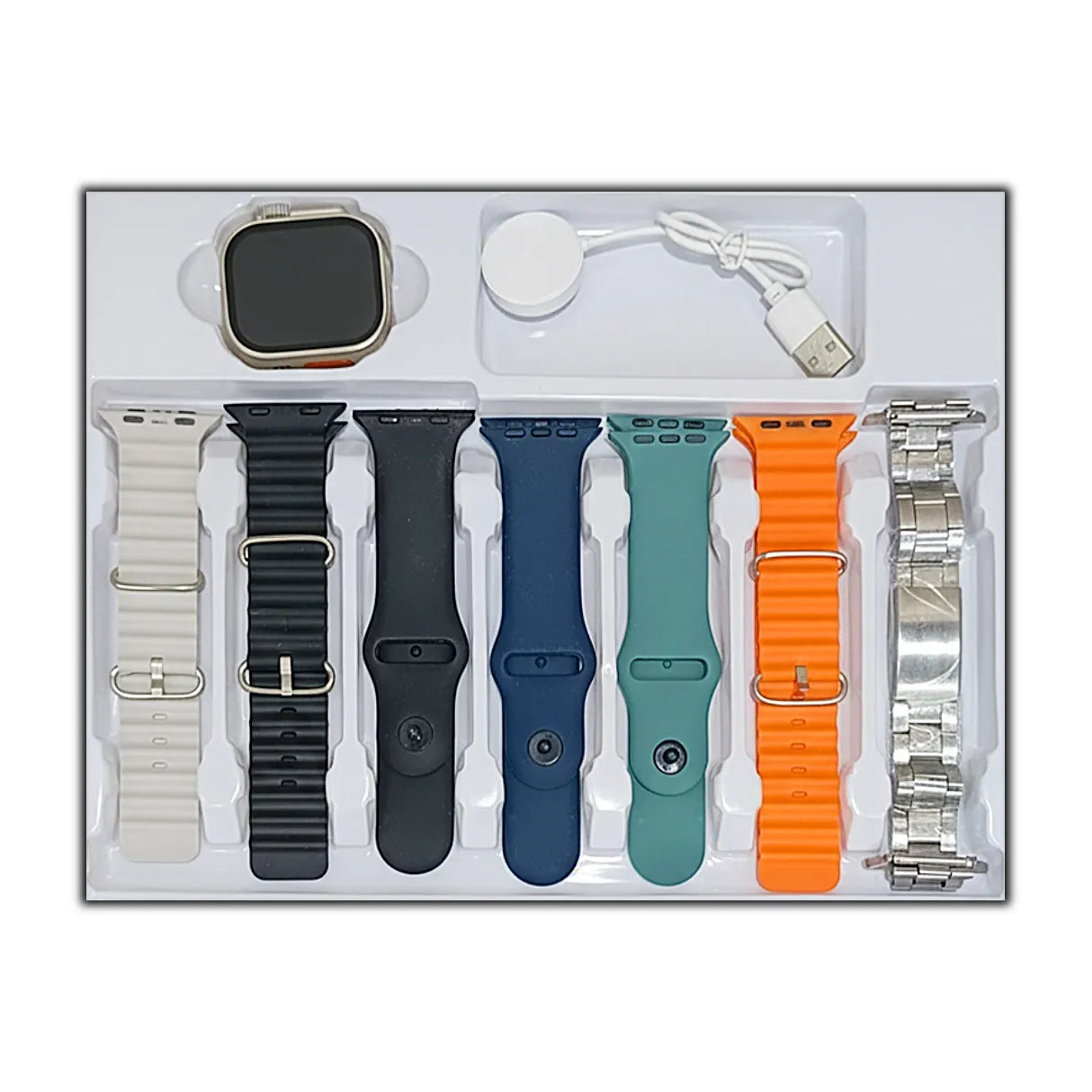 Set of max 400 watch bands in various colors with a charging cable on a white background