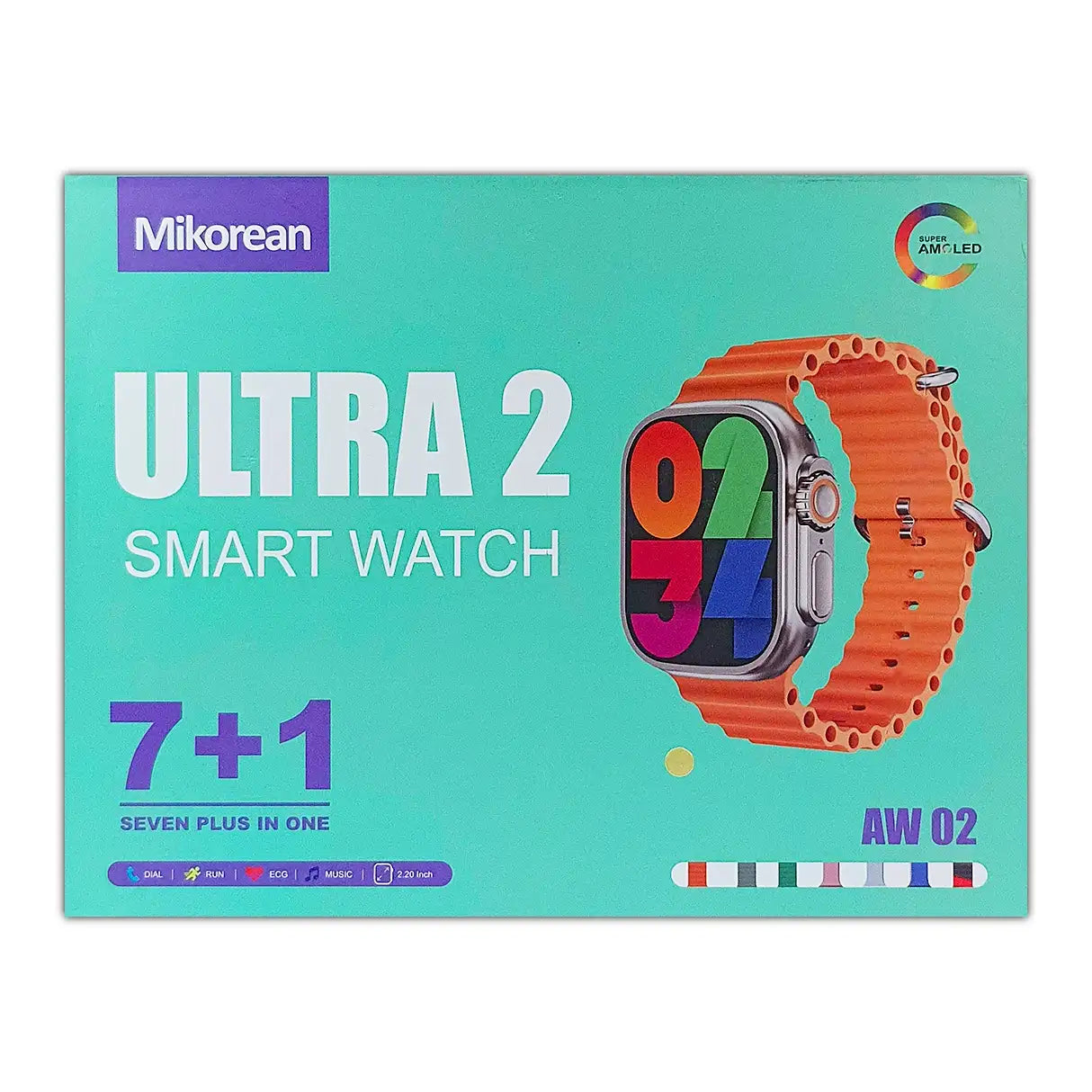 Mikorean Ultra 2 smart watch packaging with orange band on a teal background