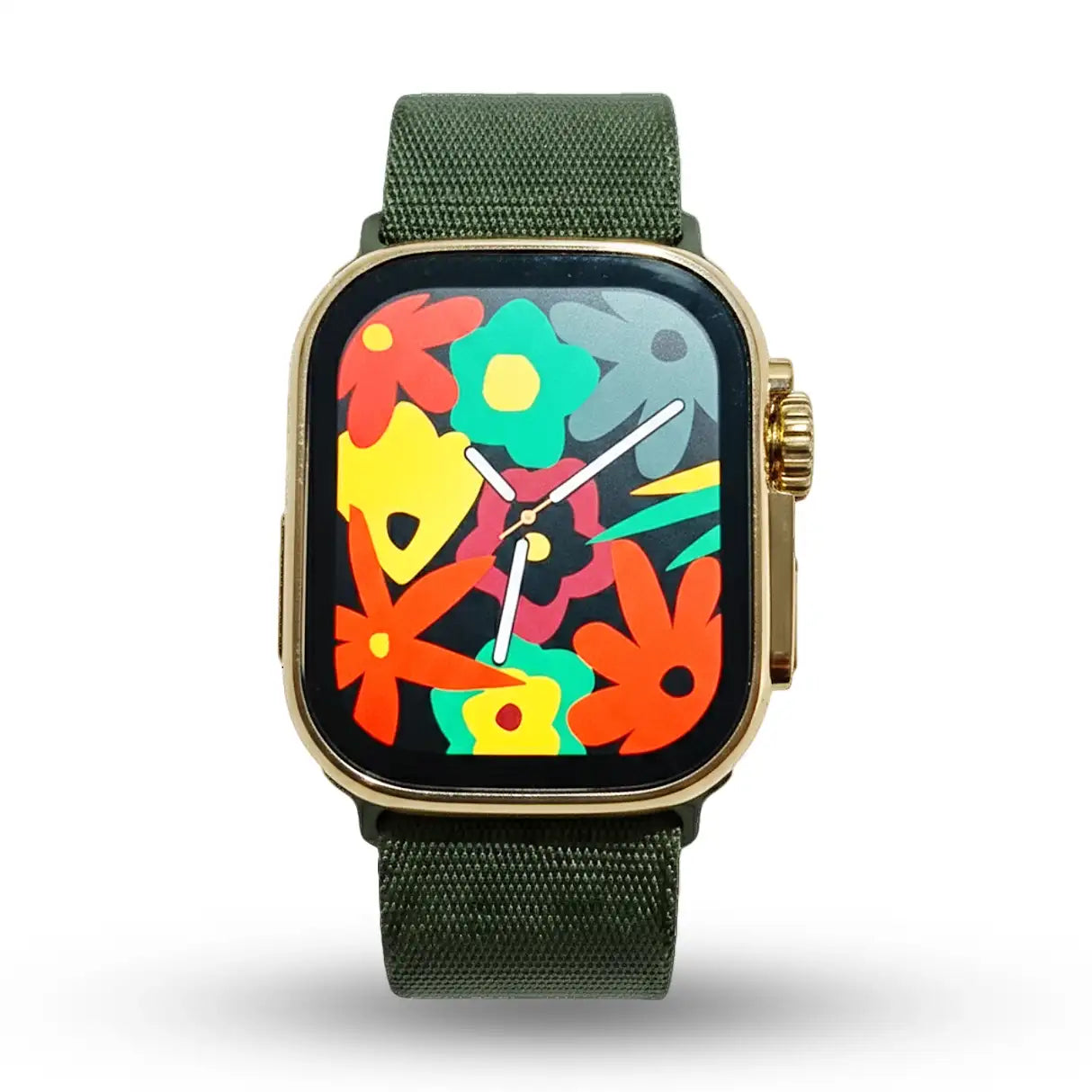 Mikorean AW 02 Smartwatch with a green band and colorful floral display on a white background