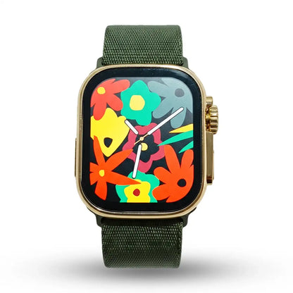 Mikorean AW 02 Smartwatch with a green band and colorful floral display on a white background