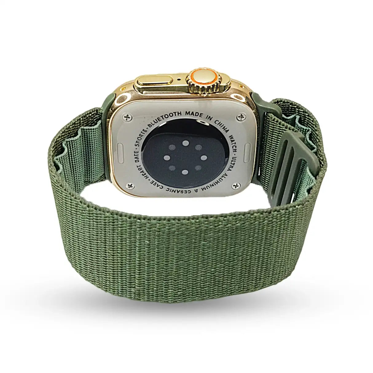 AW 02 Smartwatch with a green strap on a white background