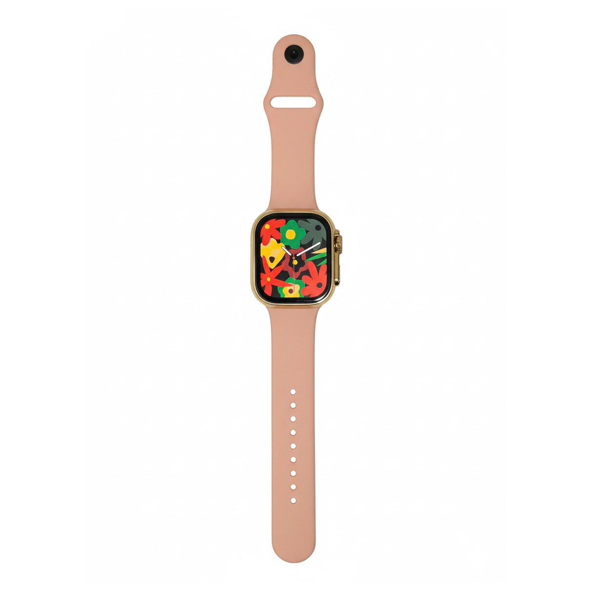 AW 02 Smartwatch with a floral display on a beige strap against a white background