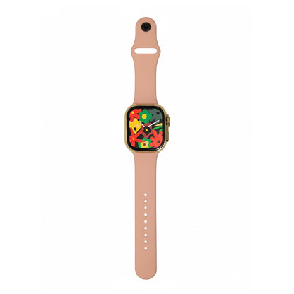 AW 02 Smartwatch with a floral display on a beige strap against a white background