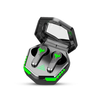 N35 wireless earbuds in a black and green case on a white background