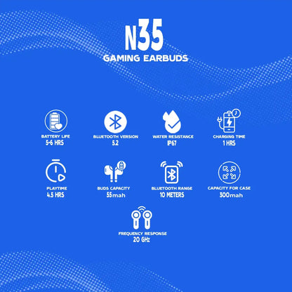 N35 gaming earbuds specifications on a blue background