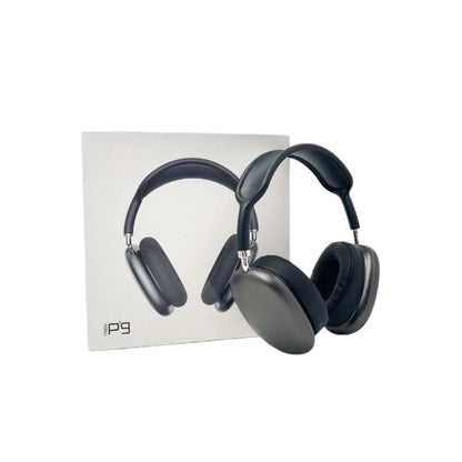 Black P9 headphones with a box on a white background