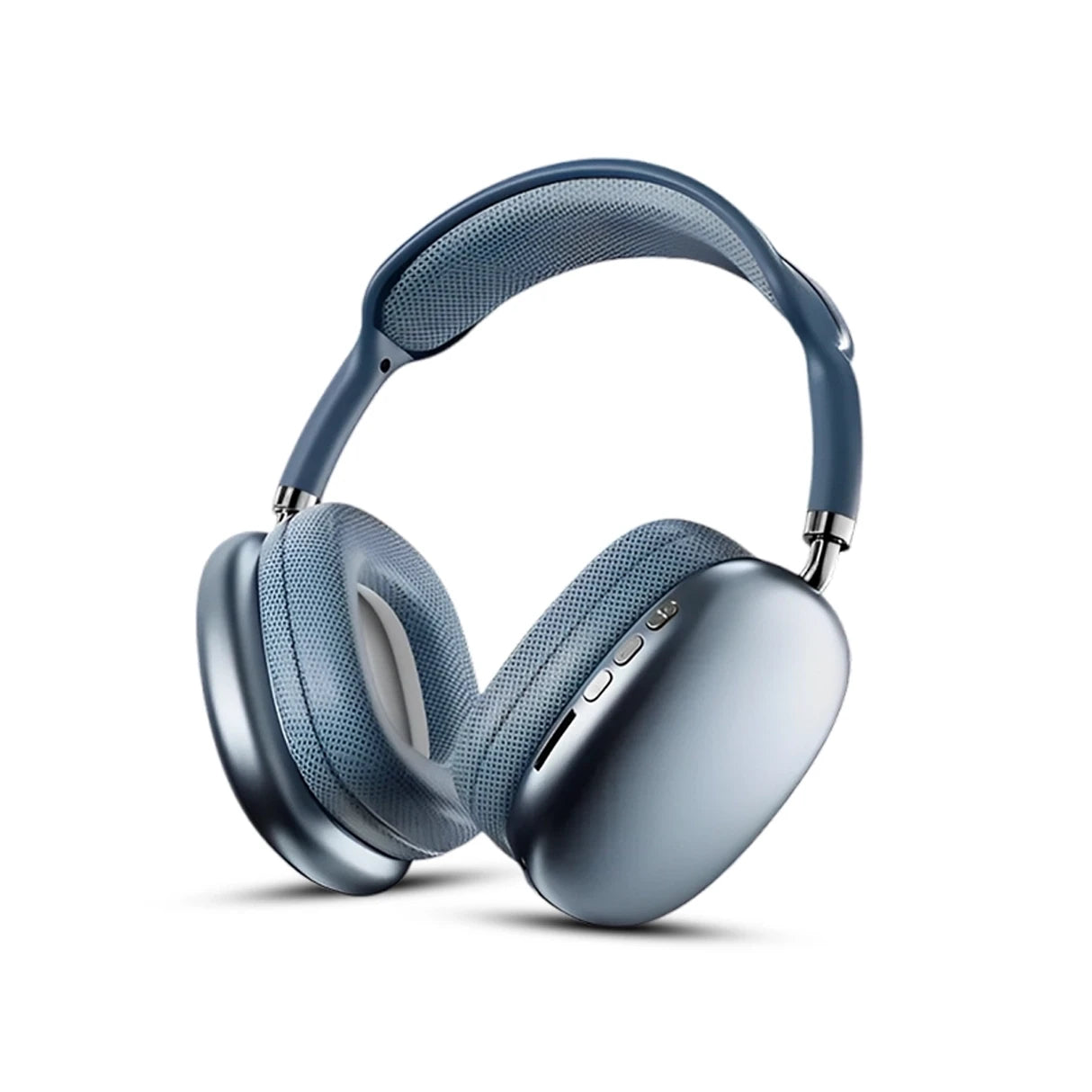 Blue P9  over-ear headphones with volume control button on a white background