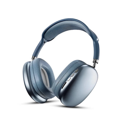 Blue P9  over-ear headphones with volume control button on a white background