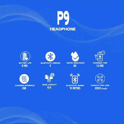 P9 headphone specifications on a blue background