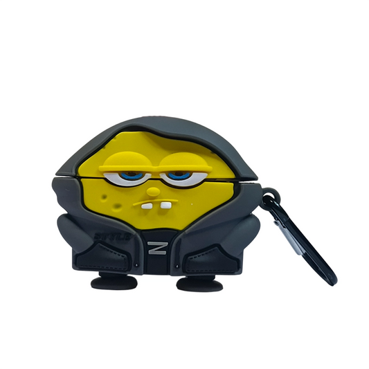 Minion-themed airpods case with a keychain on a white background