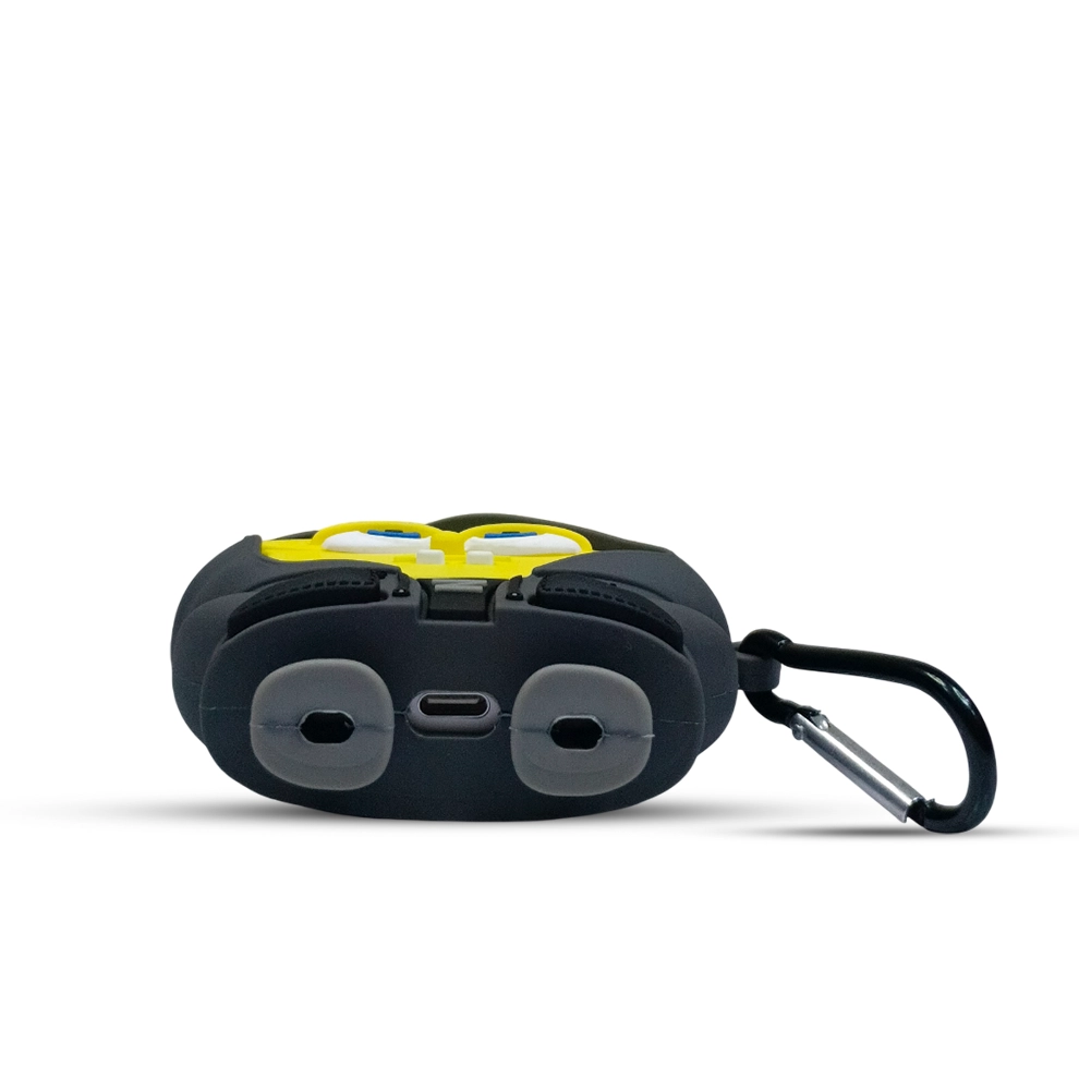 Black airpods case with a carabiner on a white background