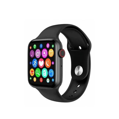 Black T500 smartwatch with colorful display on a white background