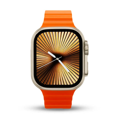 t800 Smartwatch with an orange band on a white background
